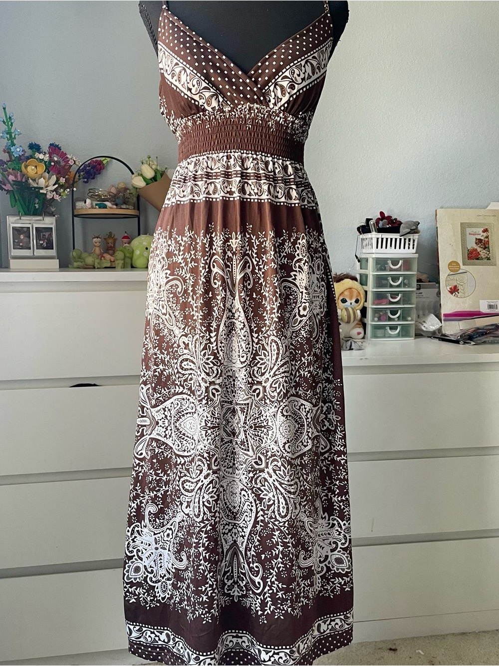 Brown & White Printed Paisley Maxi Sun Dress Sleeveless V-Neck Women's Size S